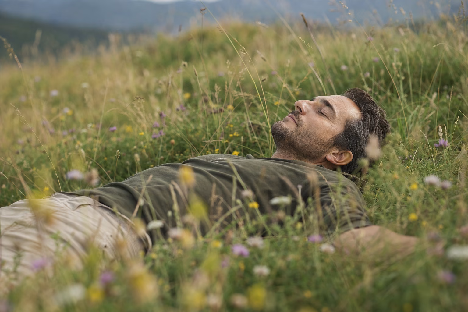 Hombre en un prado con los ojos cerrados — bienestar masculino holístico