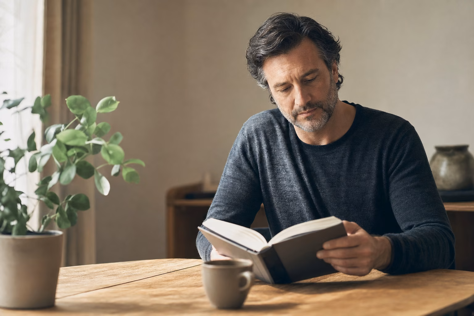 Hombre reflexivo en actitud de fortaleza serena, representando la masculinidad saludable según la investigación actual