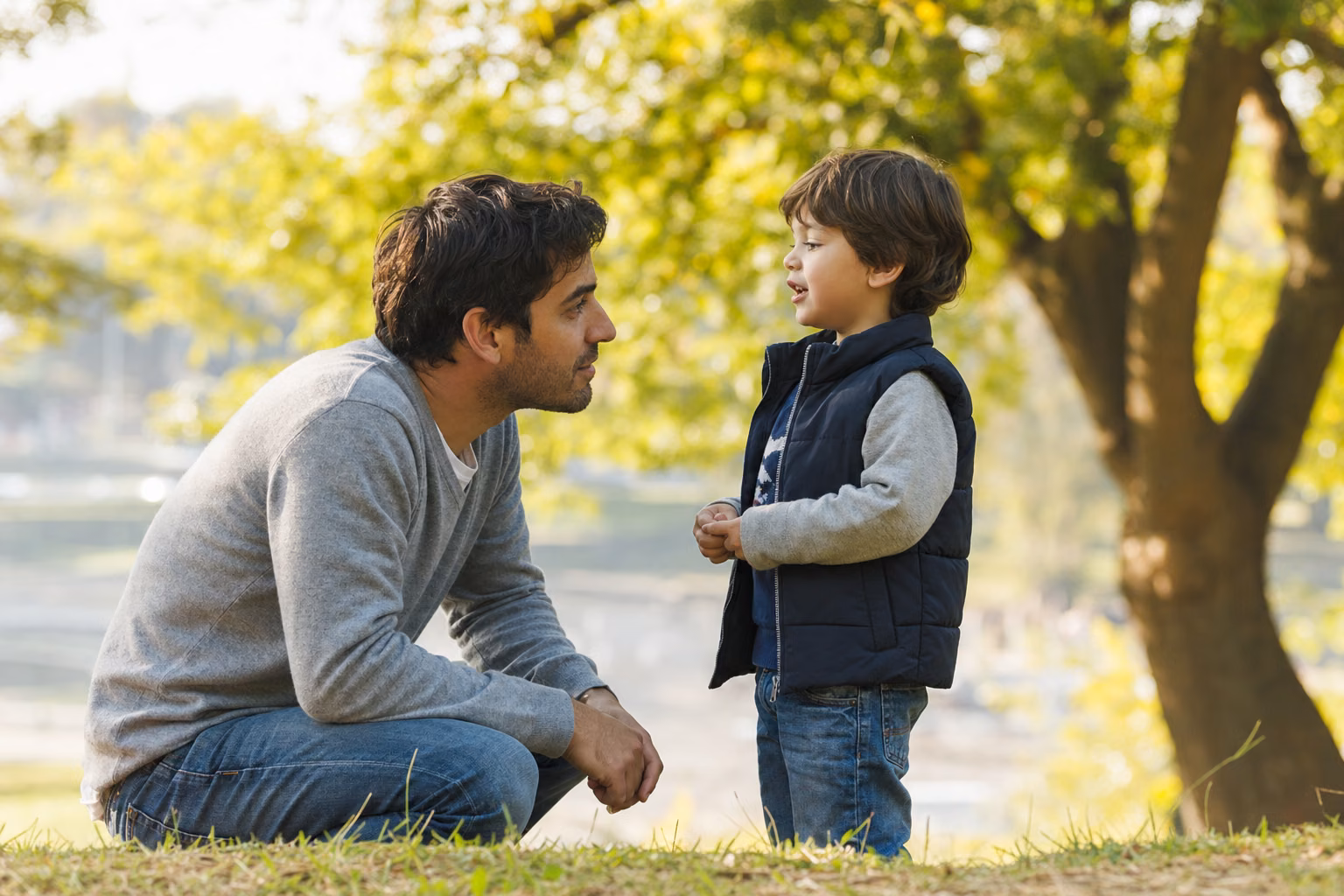 Padre presente jugando con su hijo pequeño en un parque, imagen que representa el vínculo afectivo de la paternidad positiva