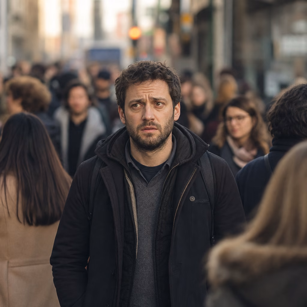 Hombre en postura que refleja tensión contenida y carga emocional no expresada